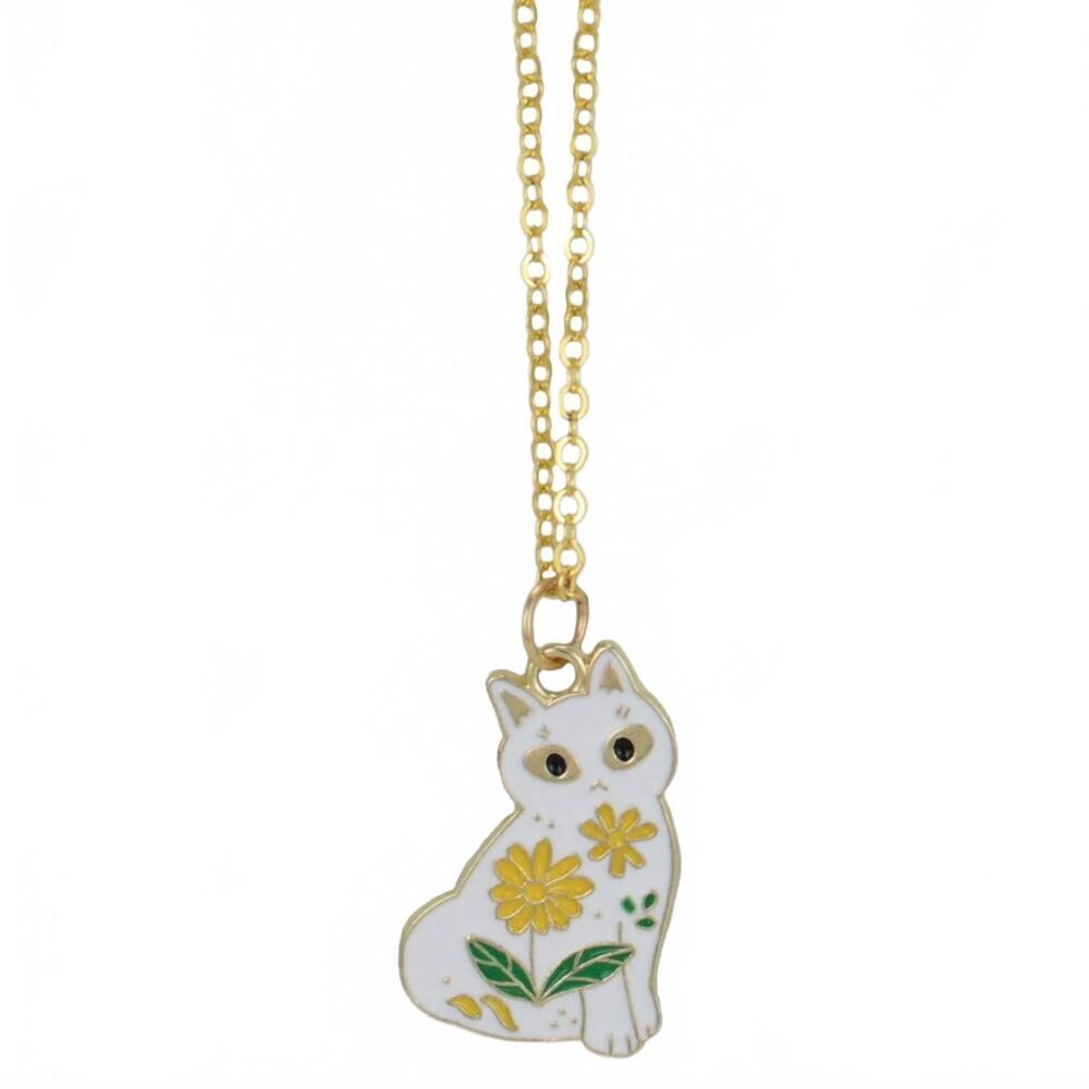 NEW ZAD women's sitting pretty floral cat enamel pendant necklace in white